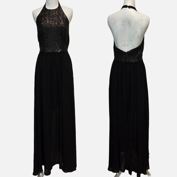 Dress the Population Farah Black Sequin Halter Fit & Flare Gown, Size Med - Picture 3 of 8